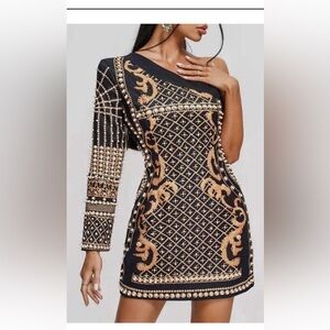 NWT One-Shoulder Black Dress with Gold and Pearl-Embellished Detail
SIZE 8